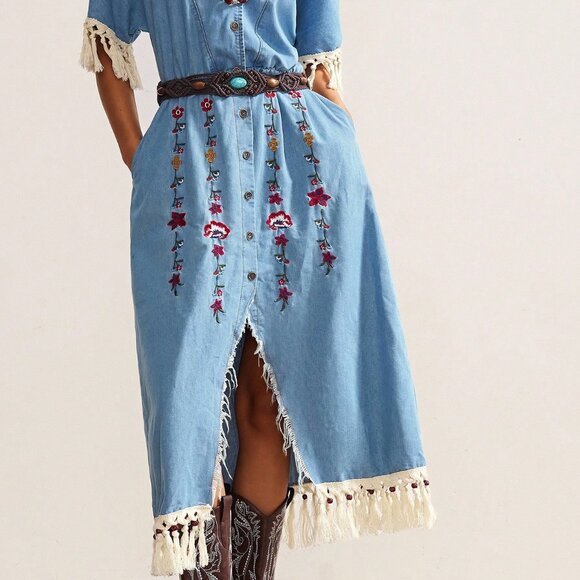 Blue Western Boho Women's Embroidered Casual Dress - Picture 6 of 8